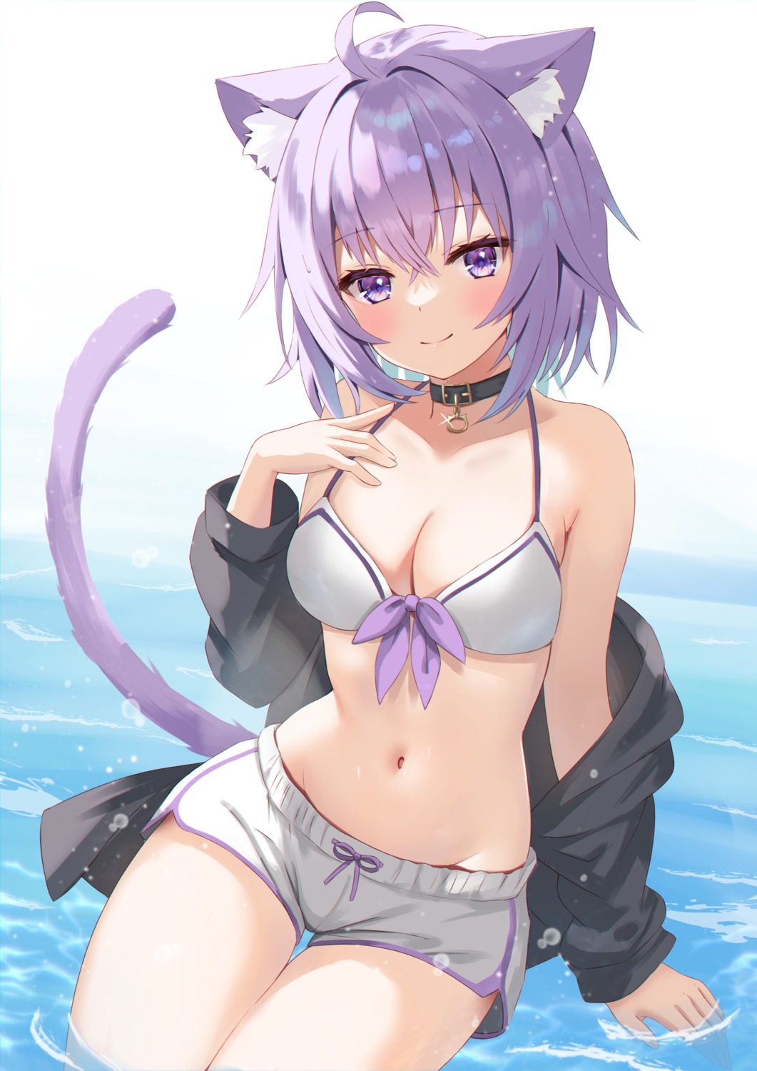 animal_ears bikini_top hololive hololive_gamers nekomata_okayu nekomimi open_shirt swimsuits tail togemaru wet