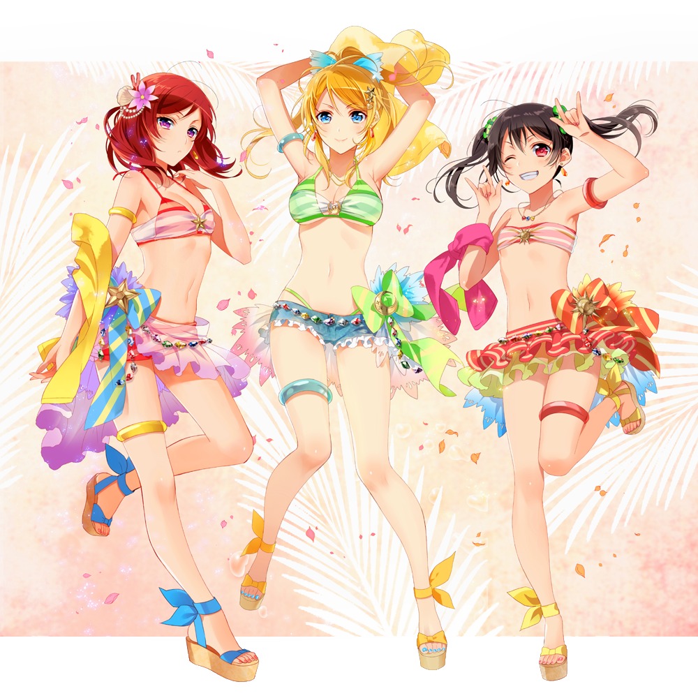 ayase_eli bikini bikini_top cleavage love_live! murakami_yuichi nishikino_maki swimsuits yazawa_nico