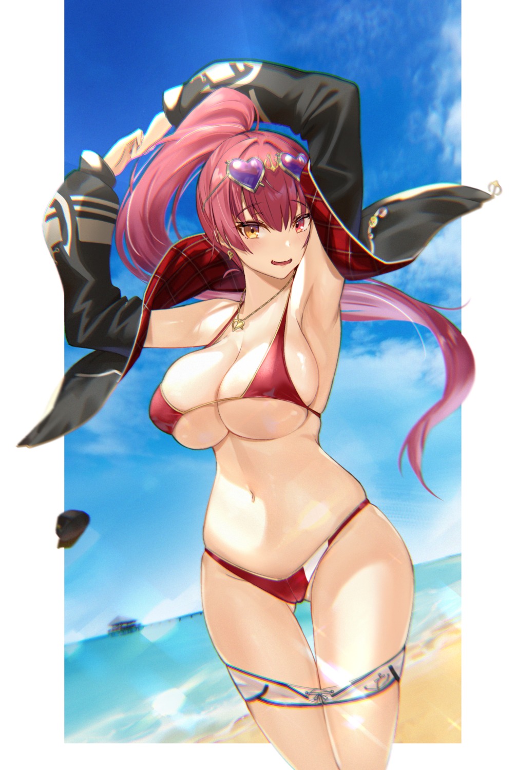 bikini cameltoe erect_nipples heterochromia hololive houshou_marine kakumayu megane open_shirt swimsuits