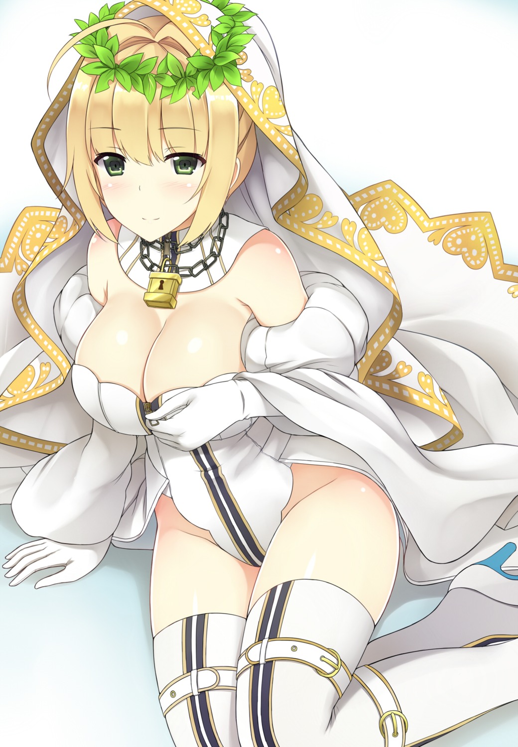 breast_hold cleavage fate/extra fate/extra_ccc fate/stay_night heels mizunashi_kenichi no_bra nopan saber_bride saber_extra thighhighs