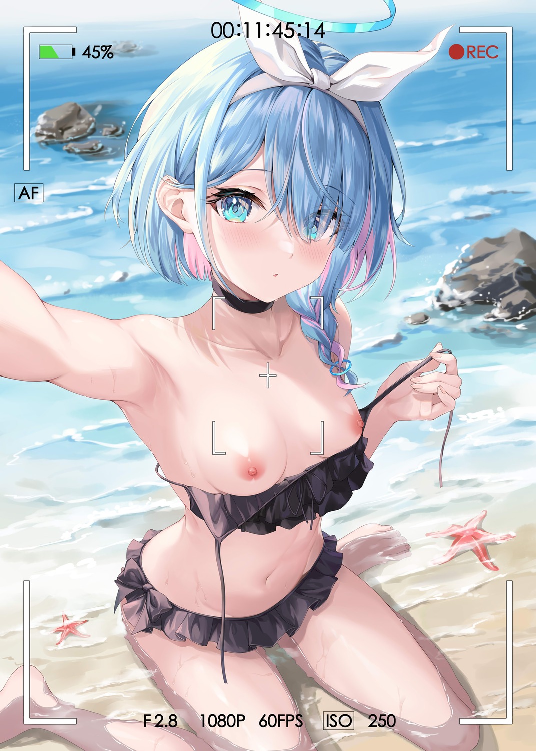 arona_(blue_archive) bikini blue_archive breasts halo nipples selfie shiduki_ruri swimsuits undressing wet