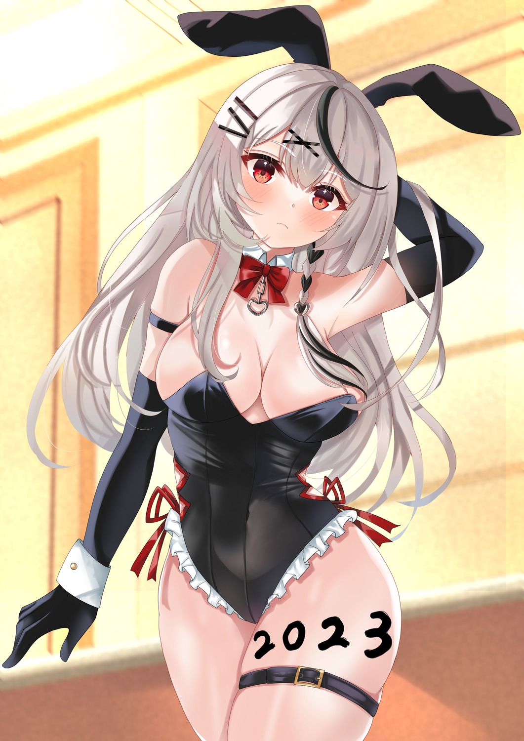 animal_ears bunny_ears bunny_girl garter hololive no_bra sakamata_chloe tattoo wu_ji_miao