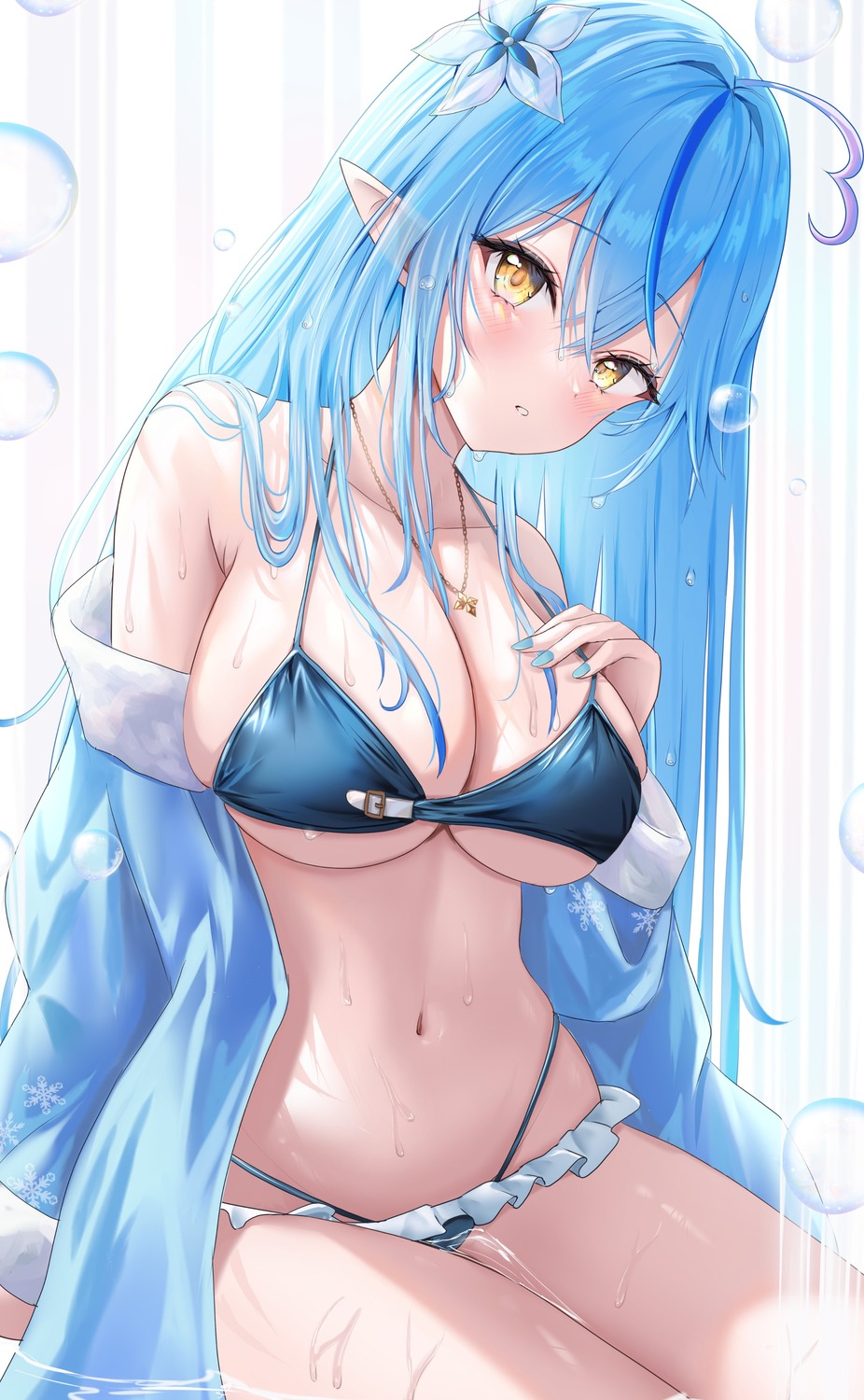 bikini elf hololive open_shirt pointy_ears swimsuits uni_ikura_(un1kura) wet yukihana_lamy