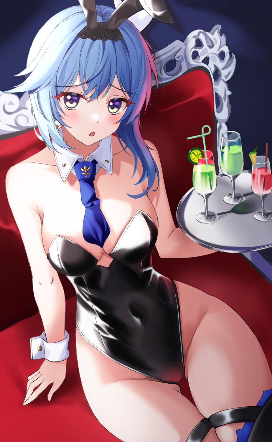 animal_ears bunny_ears bunny_girl eula garter genshin_impact nacho_(nacho_1103) no_bra thighhighs waitress