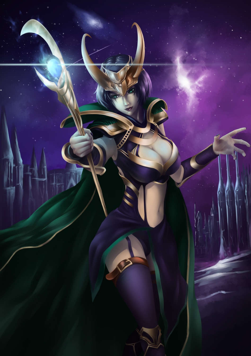 armor cleavage cosplay league_of_legends leblanc open_shirt sg_fremontbar stockings thighhighs weapon