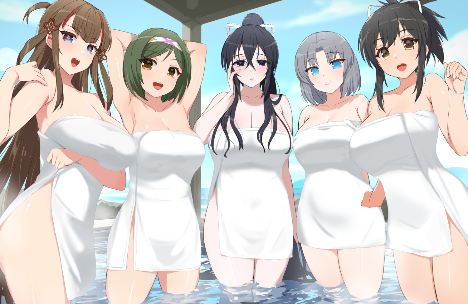 asuka_(senran_kagura) breast_hold fubuki_(senran_kagura) kusaka_souji mai_(senran_kagura) onsen senran_kagura toki_(senran_kagura) towel wet yumi_(senran_kagura)
