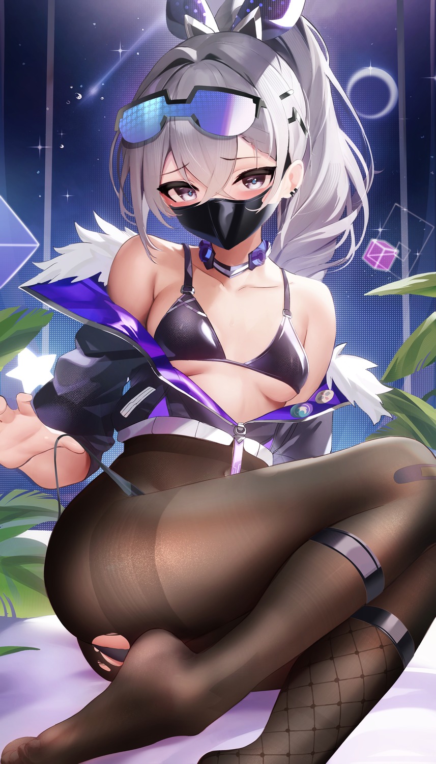 bra fantongjun fishnets honkai:_star_rail megane open_shirt pantsu pantyhose silver_wolf_(honkai:_star_rail) string_panties thong torn_clothes undressing