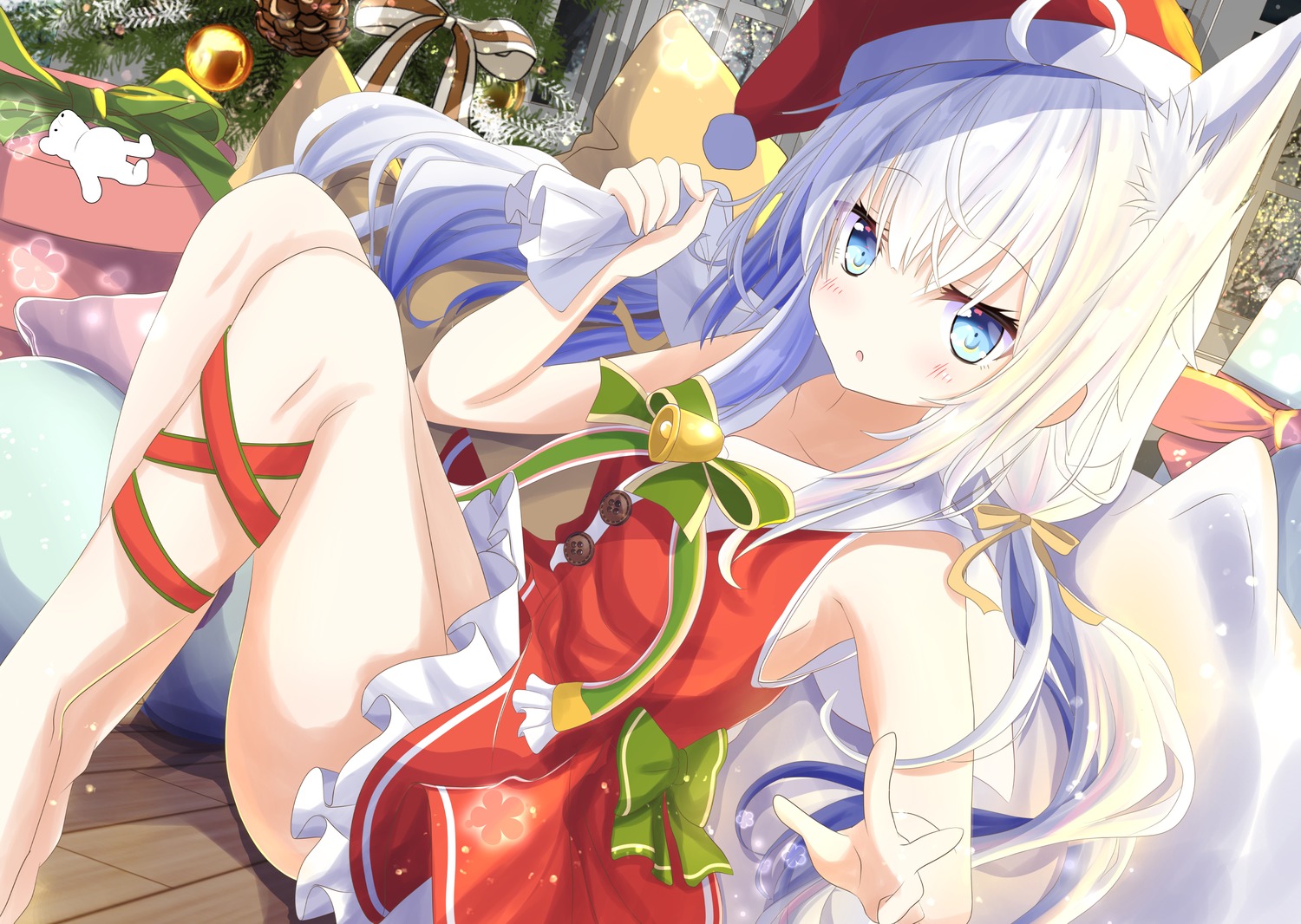 animal_ears aruka_(alka_p1) christmas dress garter hibiki_(kancolle) kantai_collection skirt_lift verniy_(kancolle)