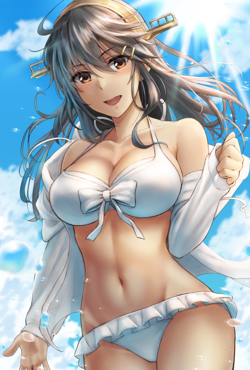 bikini cleavage haruna_(kancolle) kantai_collection kokuzou open_shirt swimsuits