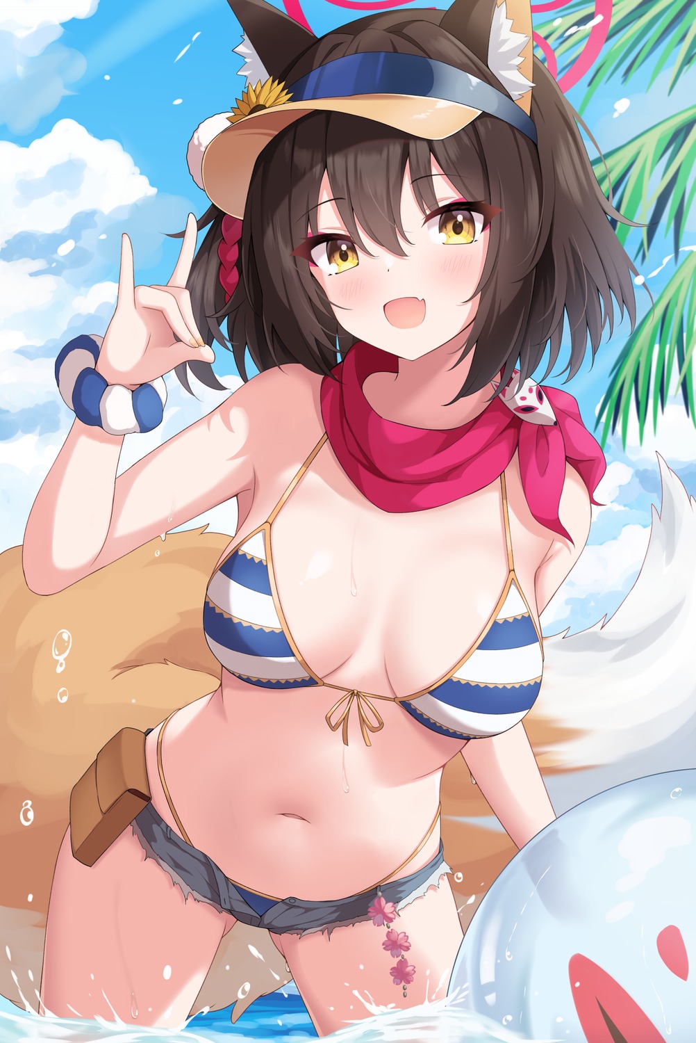 animal_ears bikini blue_archive enru halo kitsune kuda_izuna swimsuits tail wet