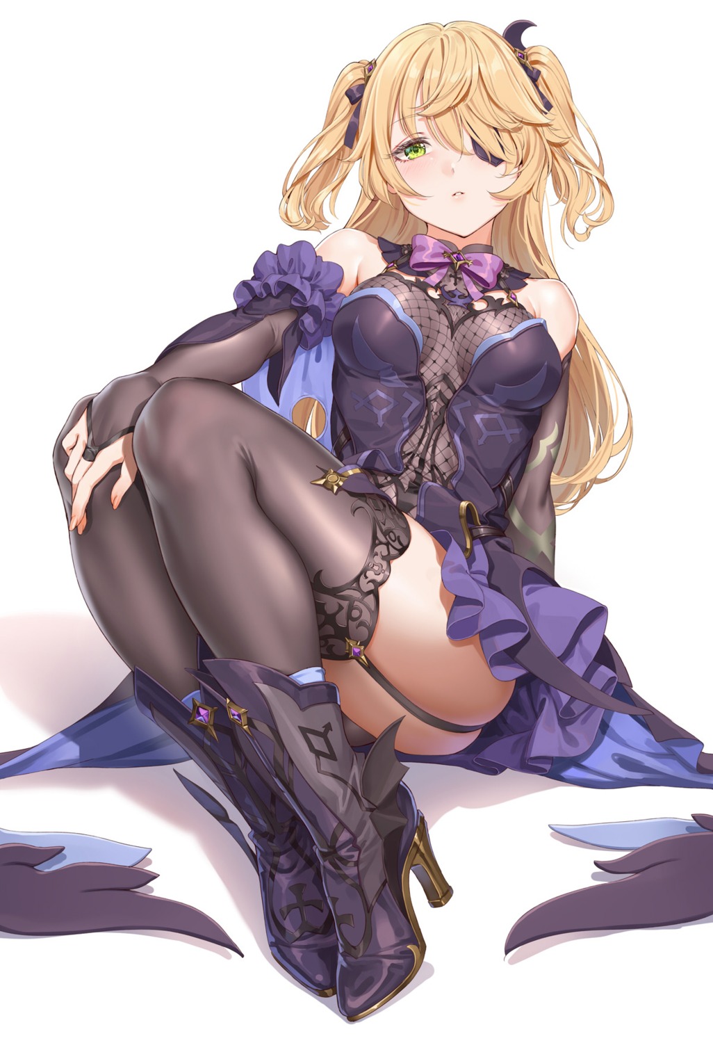 eyepatch fangxiang_cuoluan fischl fishnets genshin_impact heels see_through skirt_lift stockings thighhighs