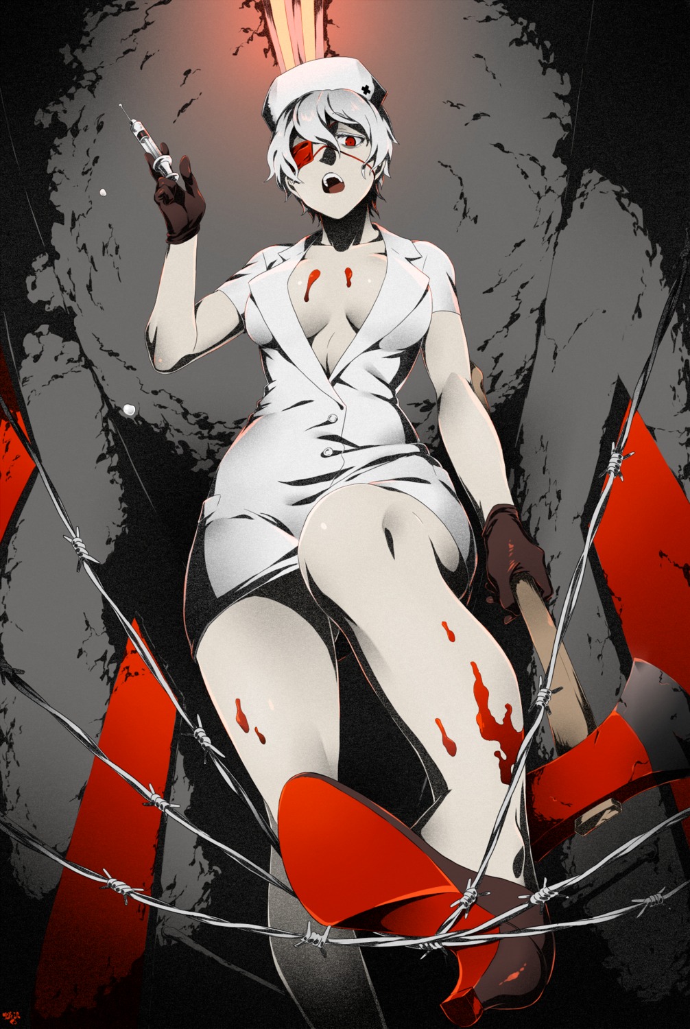 arisawa_kuro blood cleavage eyepatch heels no_bra nurse open_shirt weapon