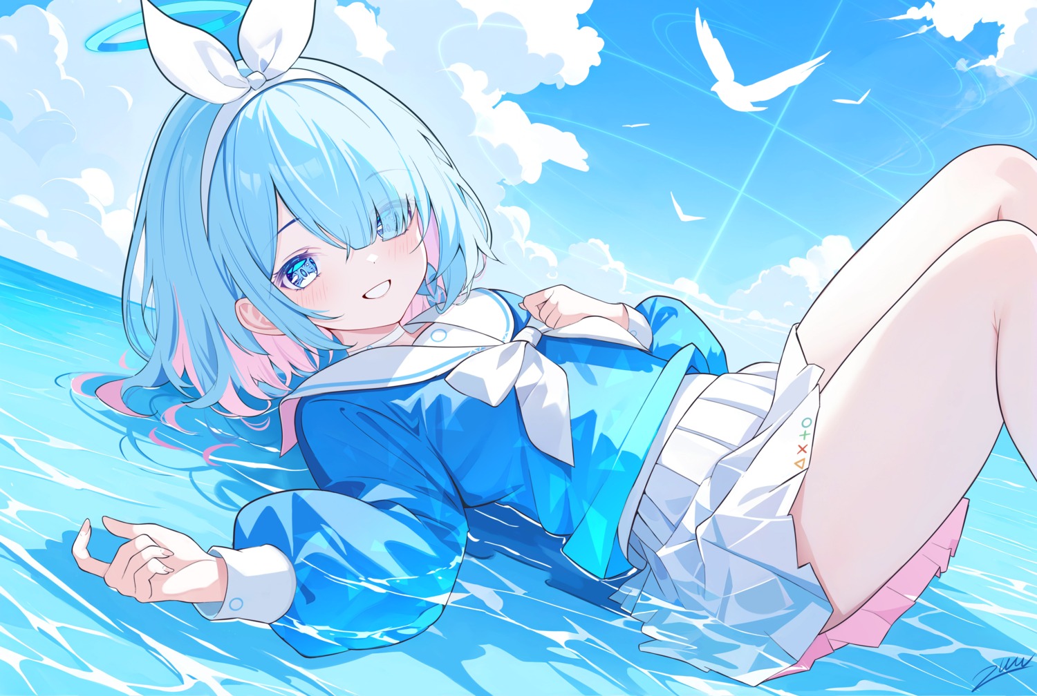 arona_(blue_archive) artist_revision blue_archive halo seifuku skirt_lift wet zuu_(qq770463651)