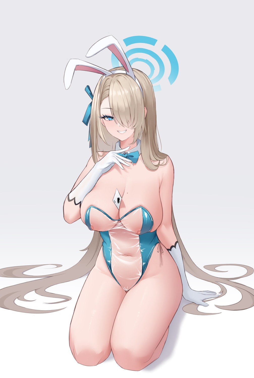 animal_ears areola blue_archive bunny_ears bunny_girl halo ichinose_asuna no_bra see_through yinori