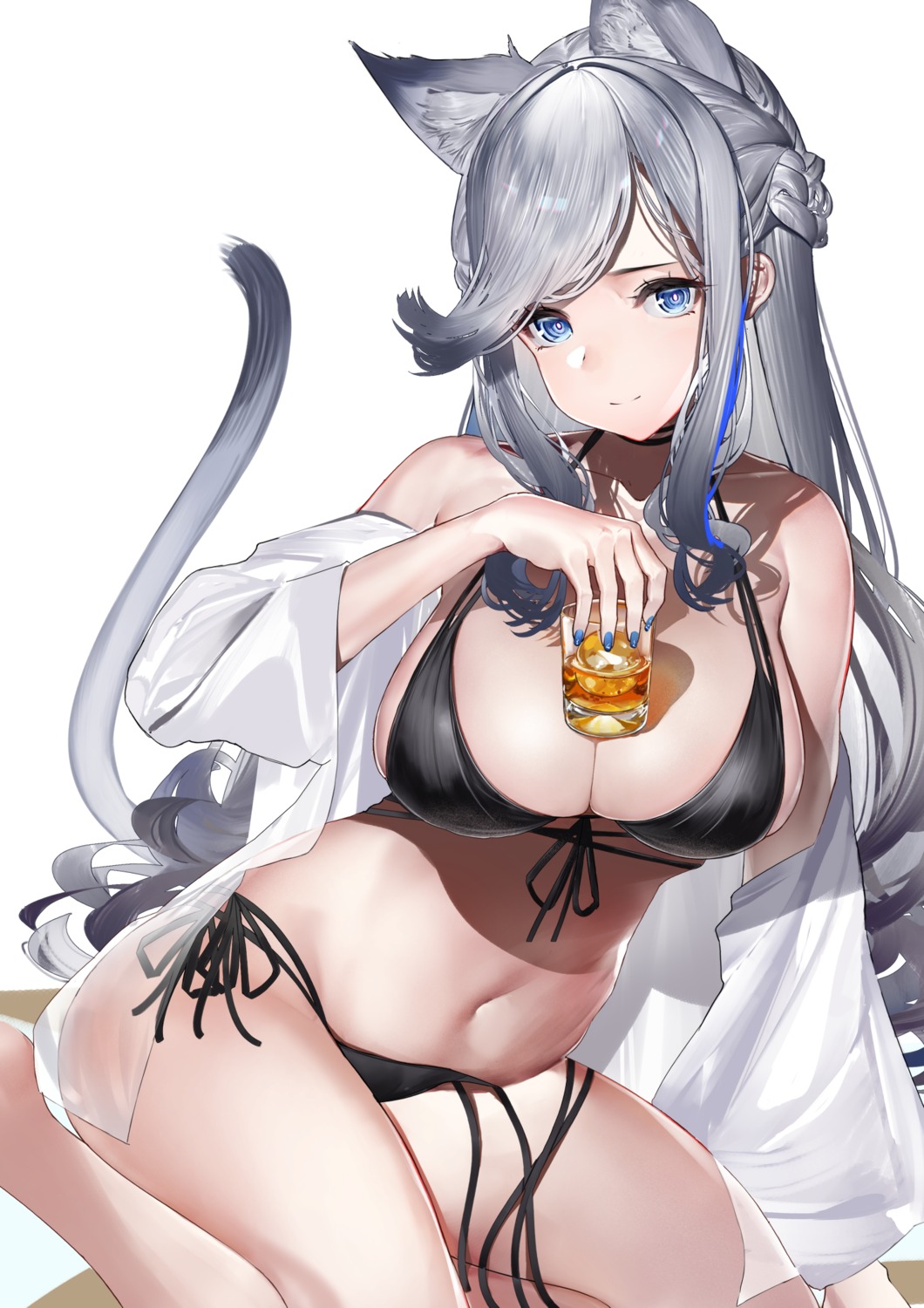 animal_ears bikini lamium_(artist) nekomimi open_shirt see_through swimsuits tail wardrobe_malfunction