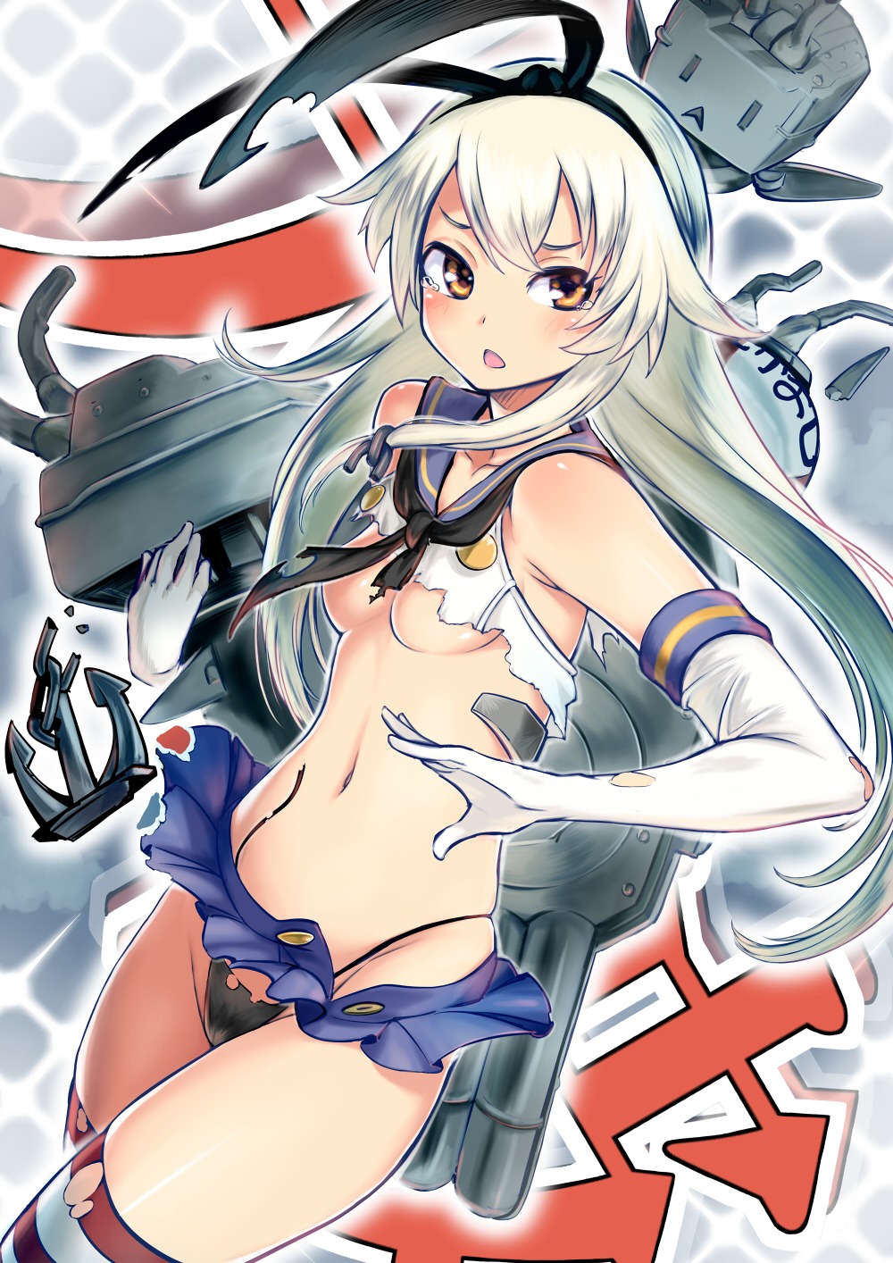 kantai_collection pantsu rensouhou-chan shimakaze_(kancolle) thighhighs thong torn_clothes twinpoo underboob