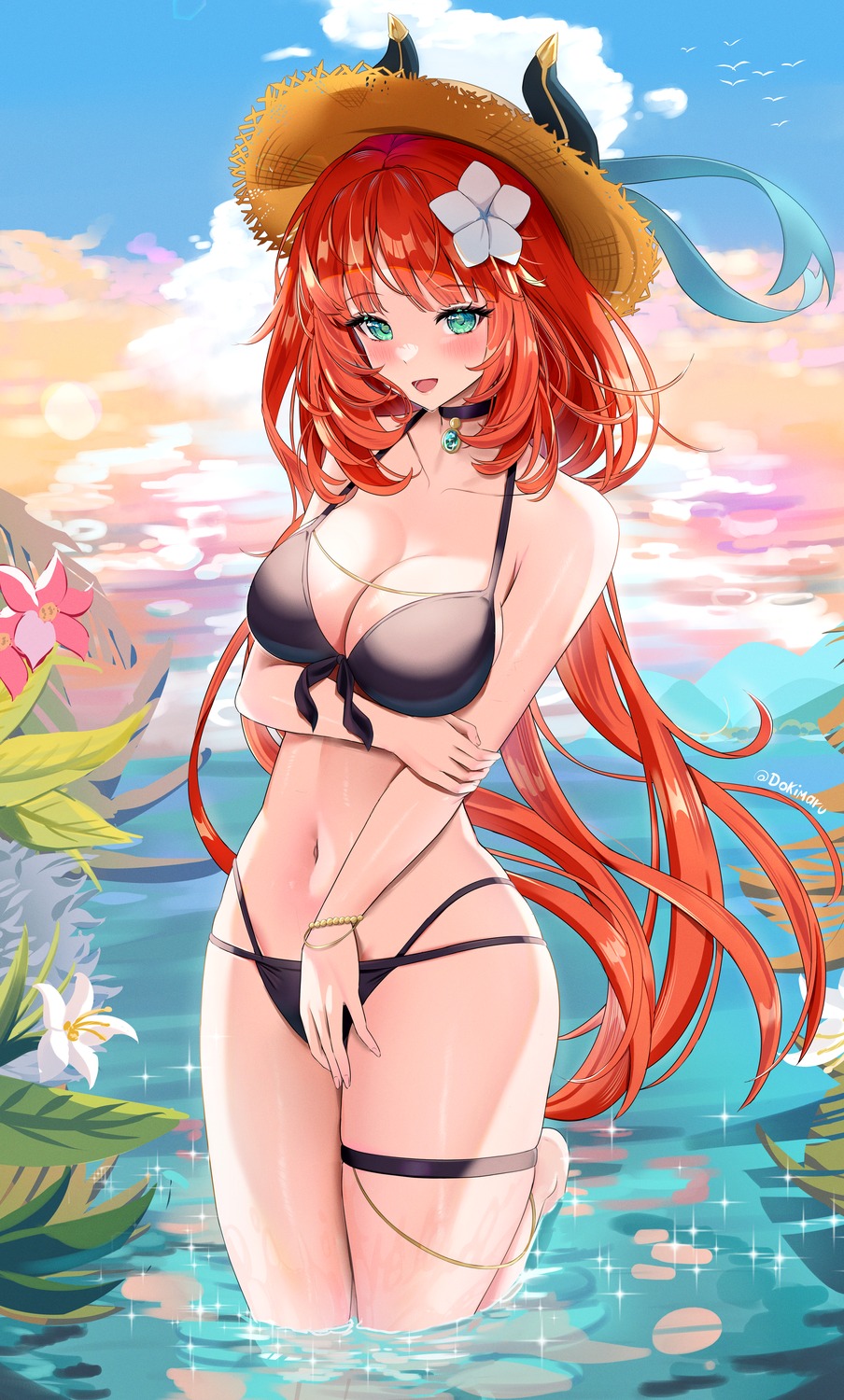 bikini dokimaru garter genshin_impact horns nilou swimsuits wet