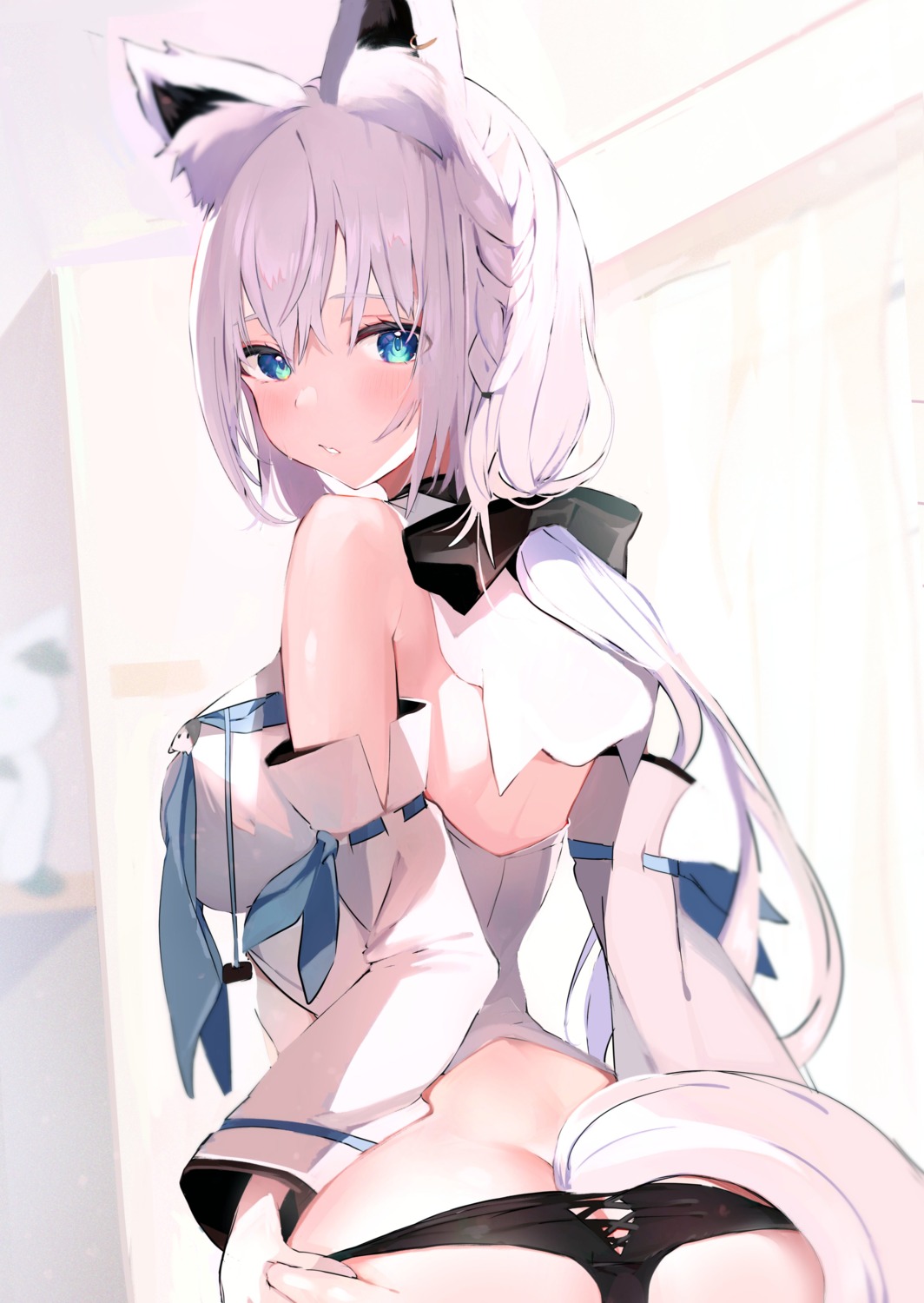 animal_ears ass hololive hololive_gamers kitsune niku_(hamuchang) pantsu panty_pull shirakami_fubuki tail undressing