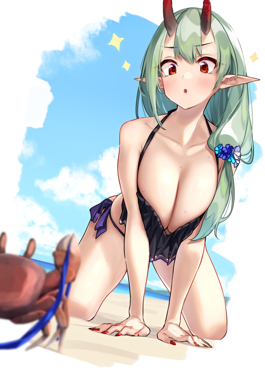 akari_(baffu) baffu bikini horns pointy_ears swimsuits