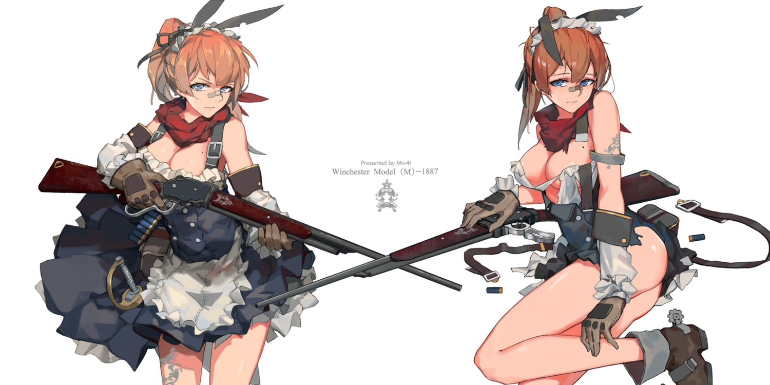 animal_ears bandaid bunny_ears cleavage gun maid miv4t no_bra nopan torn_clothes