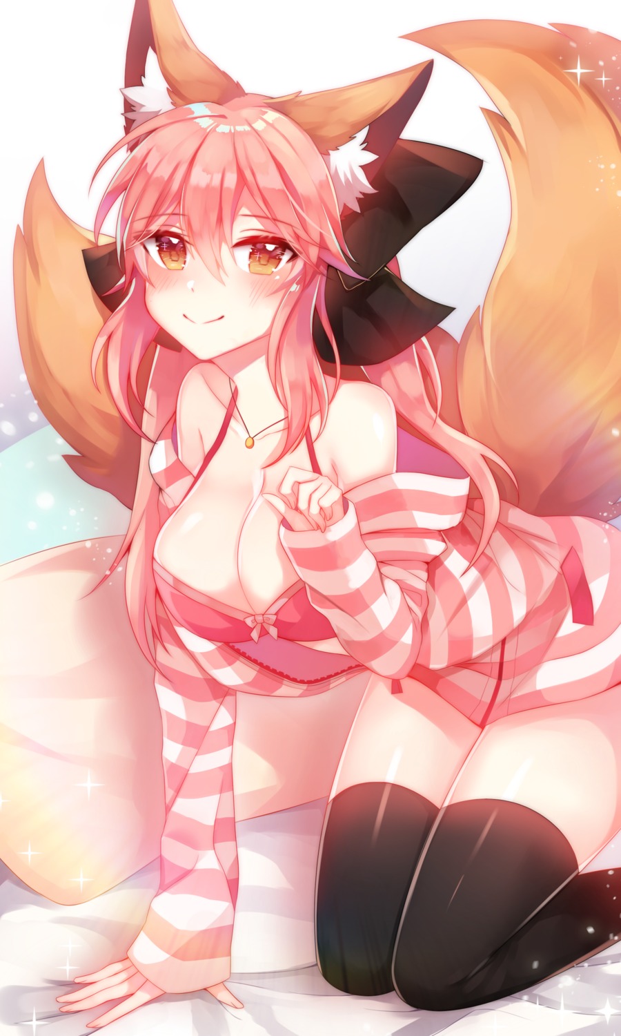 animal_ears bra fate/extra fate/stay_night open_shirt tail tamamo_no_mae thighhighs