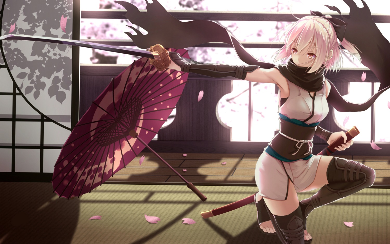 bakanoe fate/grand_order japanese_clothes okita_souji_(fate) sword thighhighs umbrella