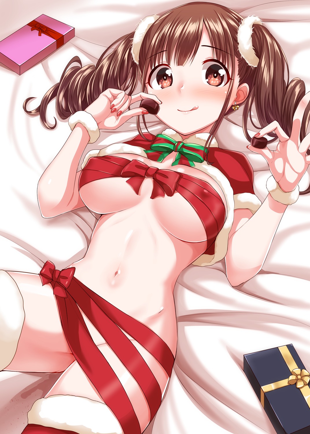 christmas dan_(orange_train) erect_nipples naked_cape naked_ribbon sonoda_chiyoko the_idolm@ster the_idolm@ster_shiny_colors thighhighs