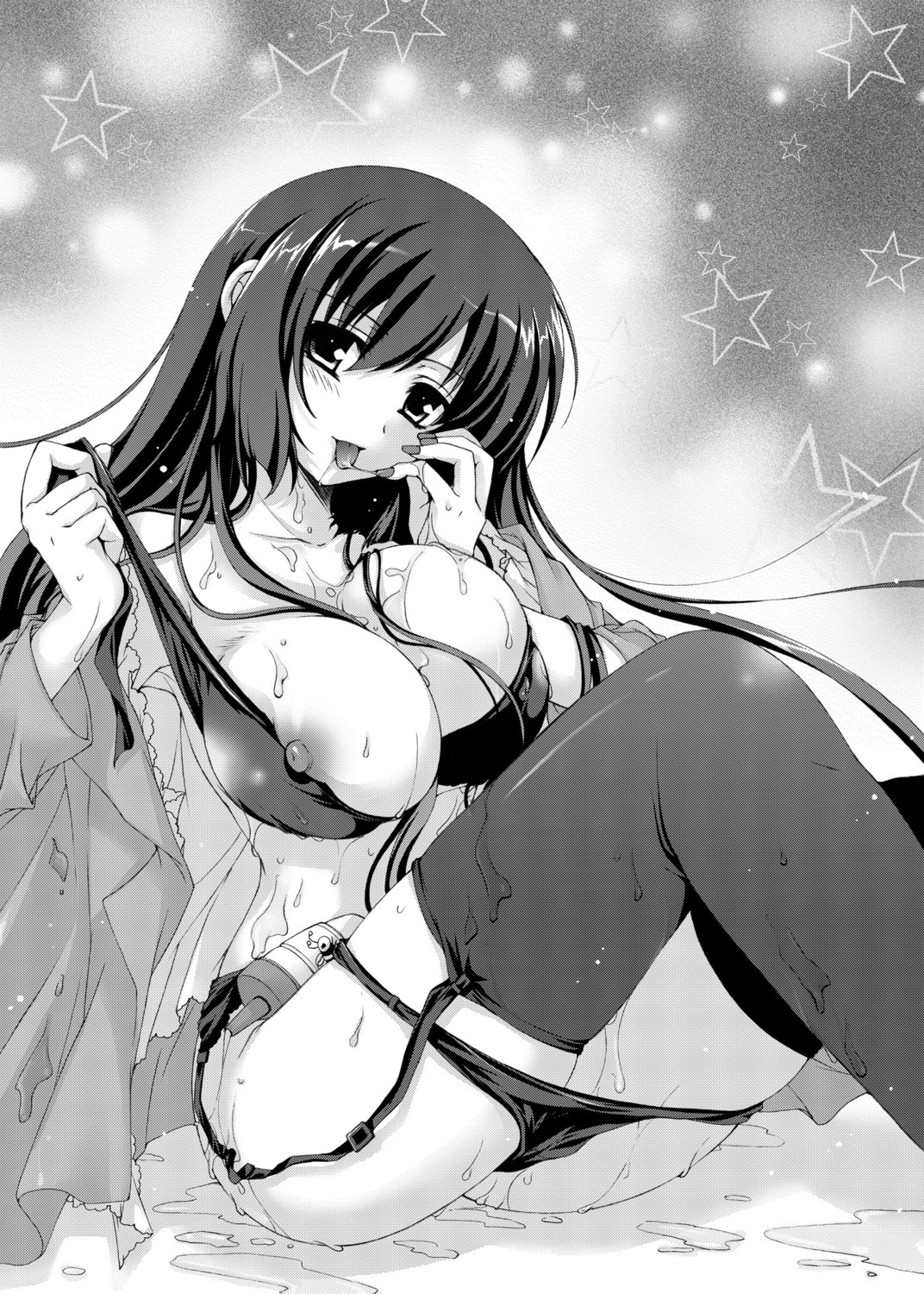 akoko bra business_suit cleavage cream garter_belt monochrome nipple_slip open_shirt panty_pull stockings thighhighs undressing