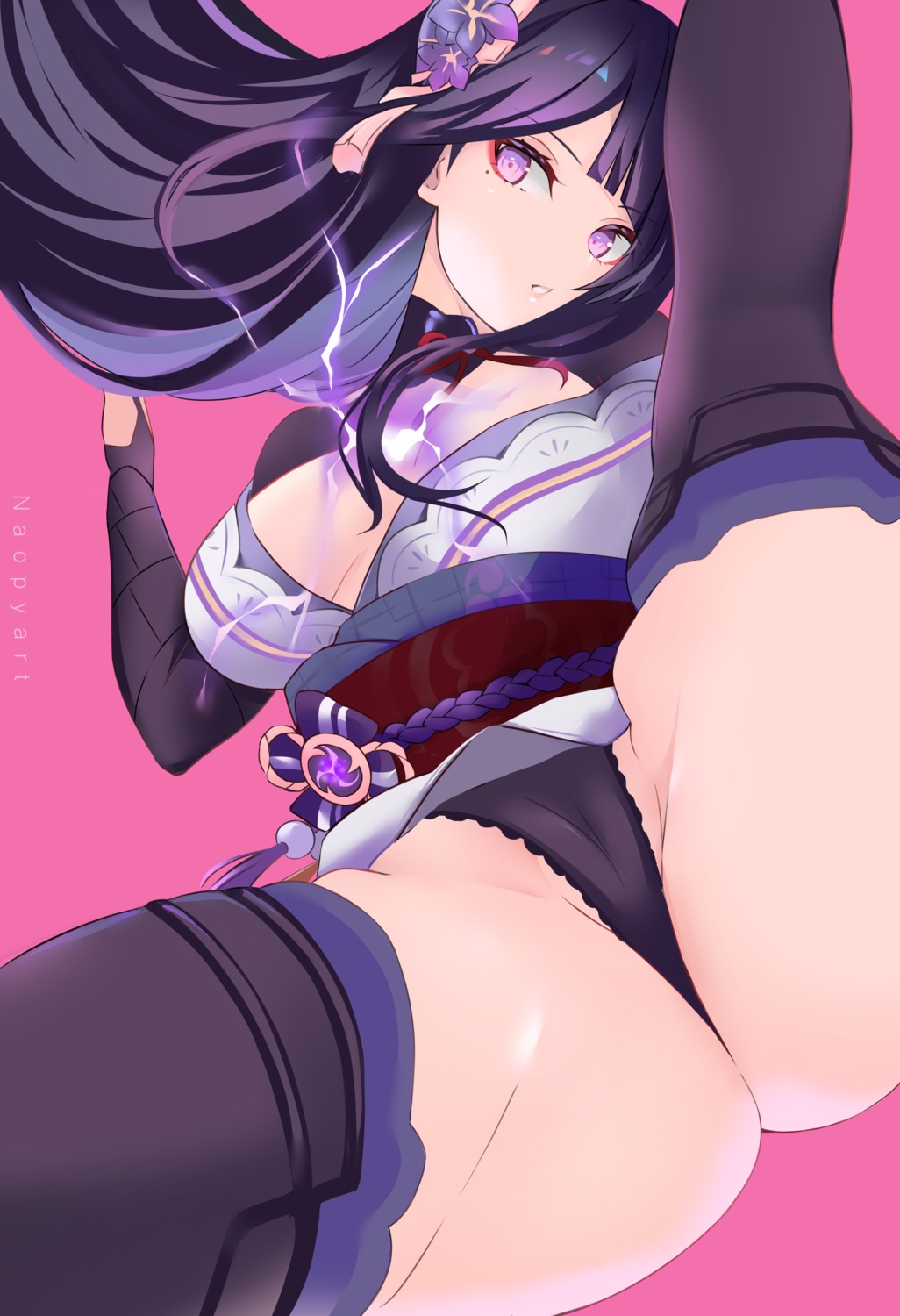 cameltoe genshin_impact japanese_clothes naopy no_bra open_shirt pantsu raiden_shogun skirt_lift thighhighs thong