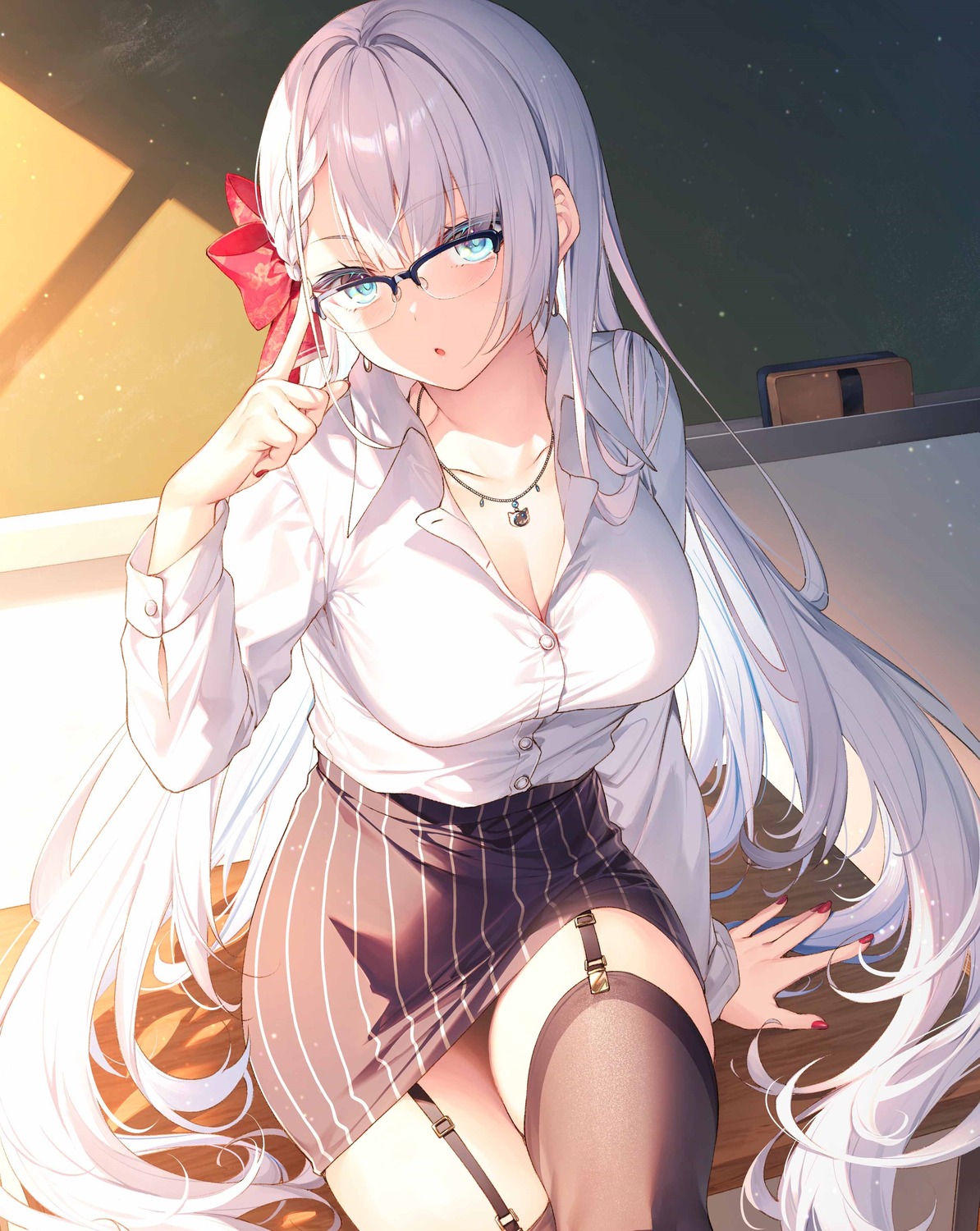 cleavage dress_shirt megane riselia_ray_crystalia seiken_gakuin_no_maken_tsukai stockings thighhighs toosaka_asagi