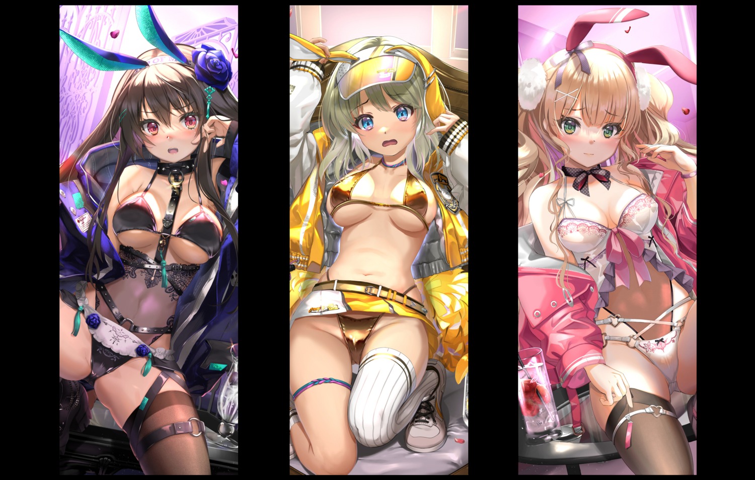 animal_ears bra bunny_ears bunny_girl cheerleader garter murasame_hachiman open_shirt pantsu skirt_lift thighhighs