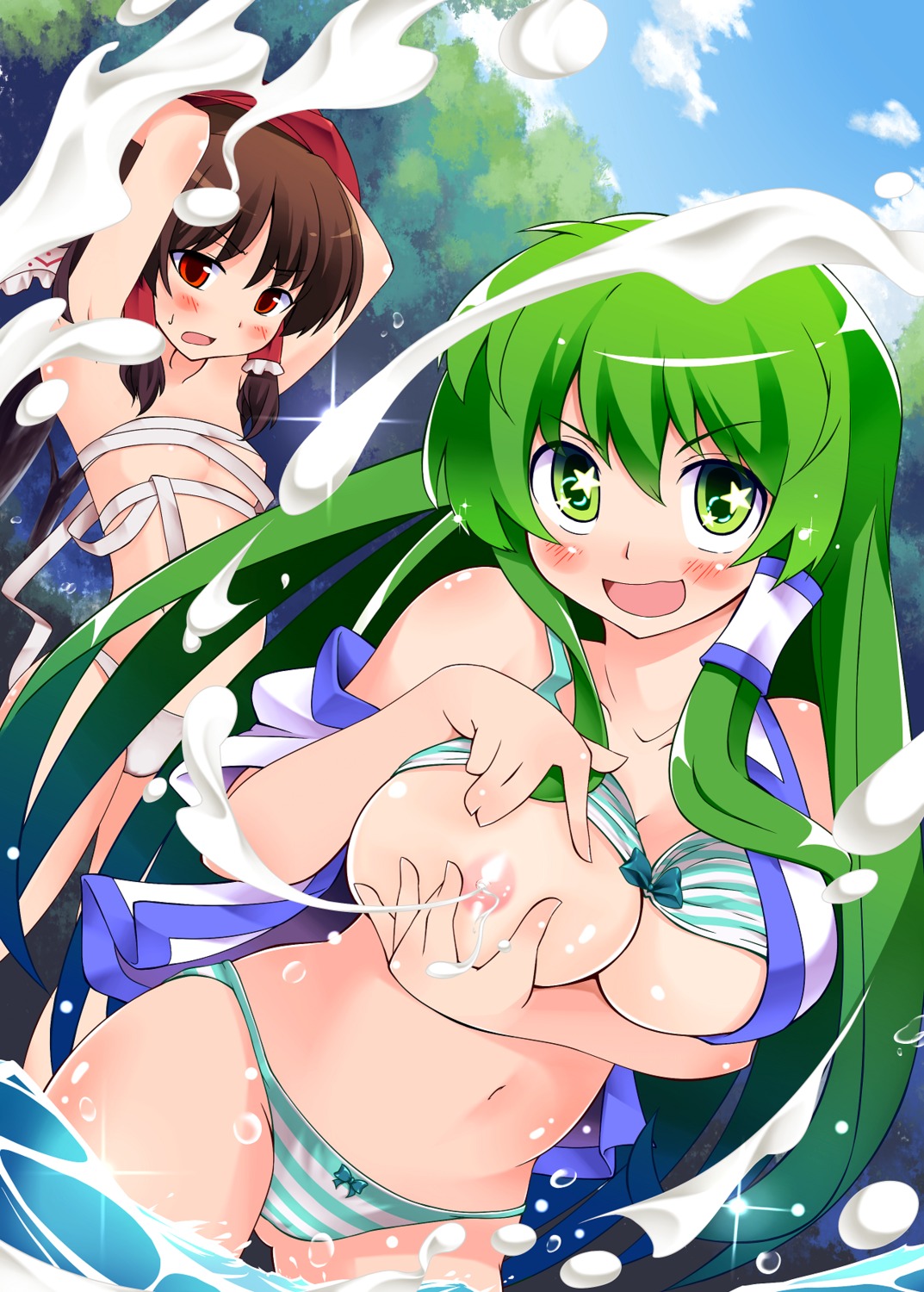 bra breast_hold breasts dorowa_no_hito hakurei_reimu kochiya_sanae lactation loli nipples pantsu sarashi shimapan touhou