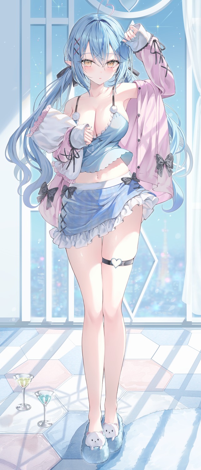 elf garter hololive lingerie pajama pointy_ears rin_yuu skirt_lift yukihana_lamy