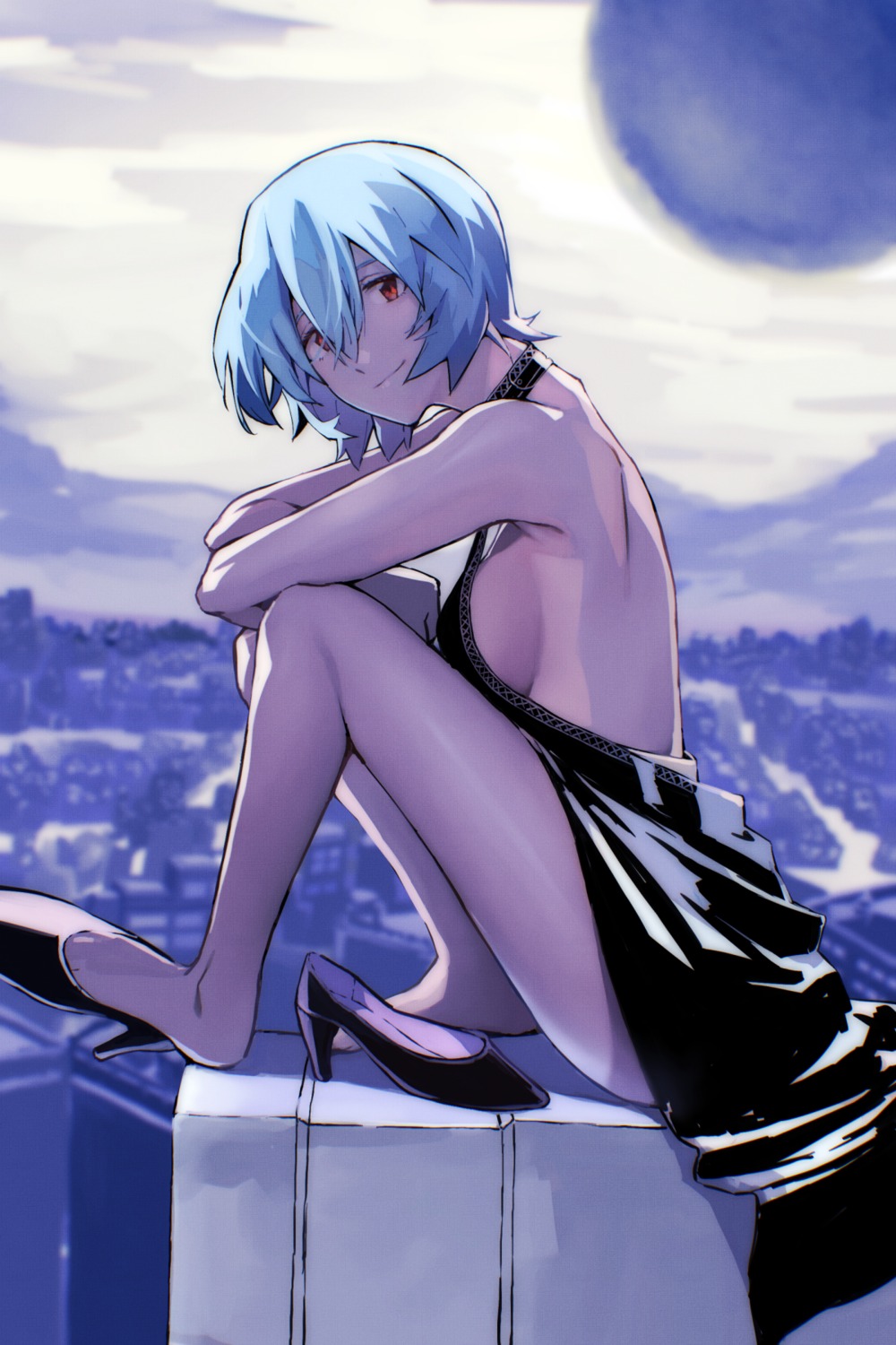 ayanami_rei dress heels neon_genesis_evangelion no_bra skirt_lift yagisawa_teru