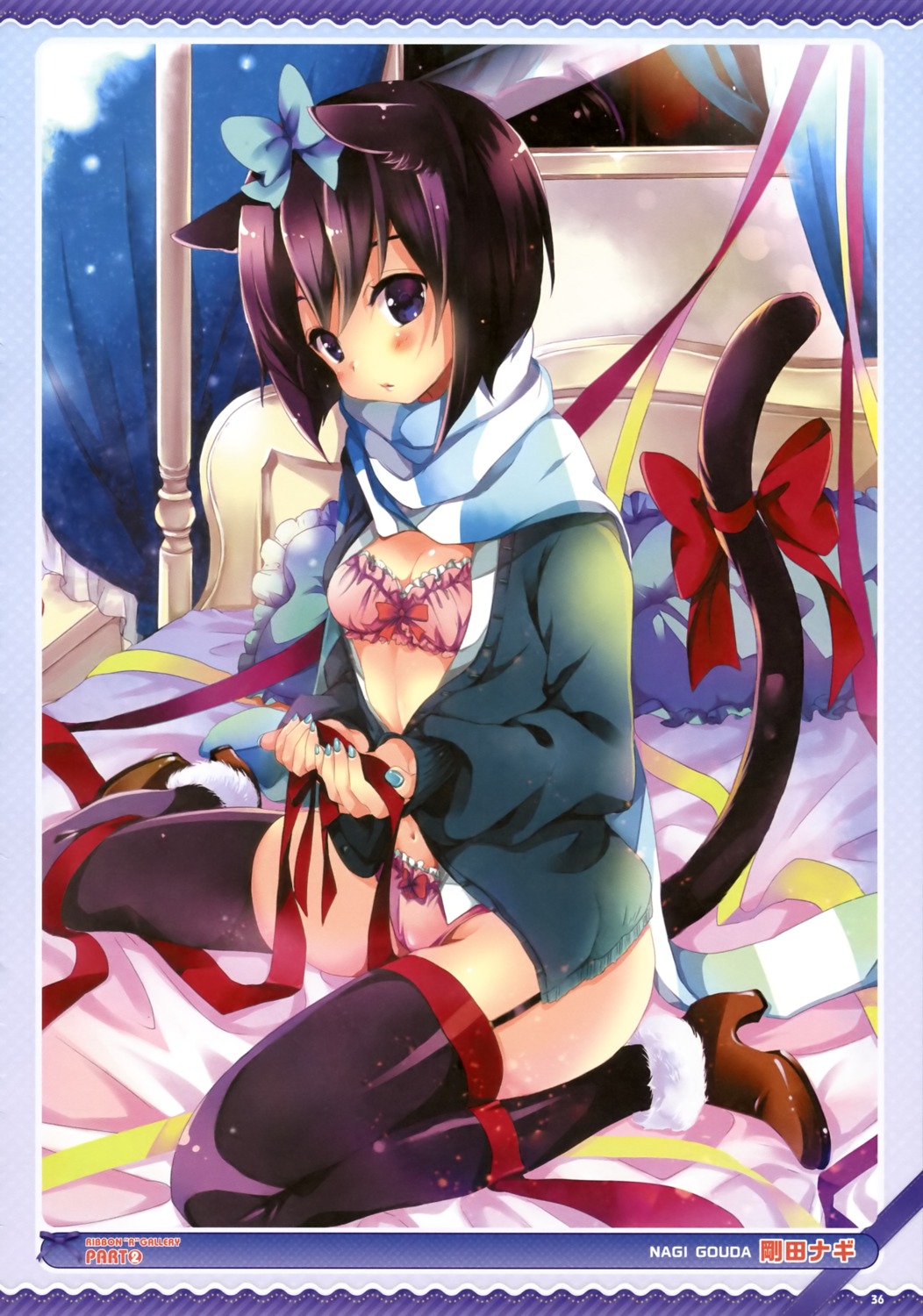 animal_ears bra gouda_nagi heels nekomimi open_shirt pantsu stockings sweater tail thighhighs