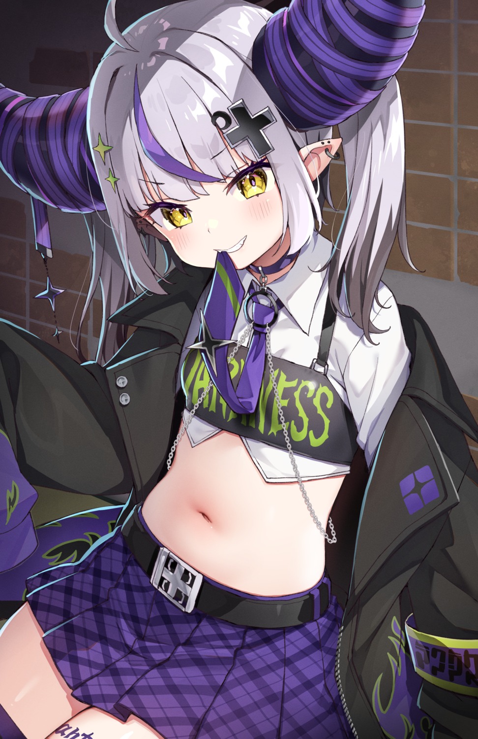 ayaoshiro hololive horns la+_darknesss pointy_ears tattoo thighhighs