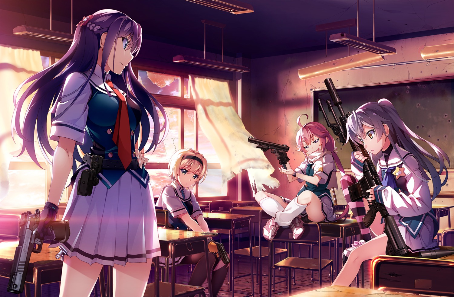 front_wing fukami_rena grisaia grisaia_phantom_trigger gun ikoma_murasaki kujirase_christina_sakurako pantsu pantyhose seifuku shishigaya_touka thighhighs watanabe_akio