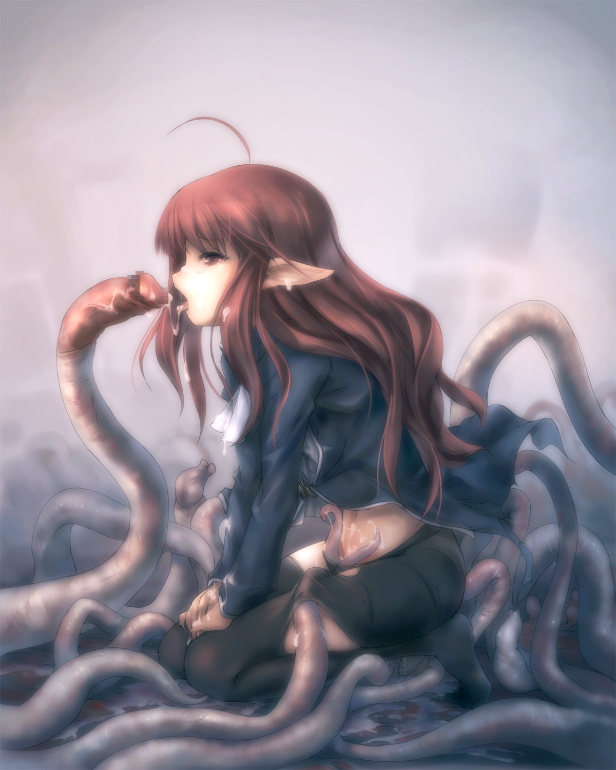 censored cum elf hitomaru pantyhose pointy_ears shrine tentacles torn_clothes