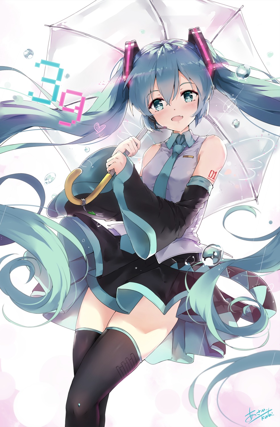 asahi_kuroi hatsune_miku tattoo thighhighs umbrella vocaloid