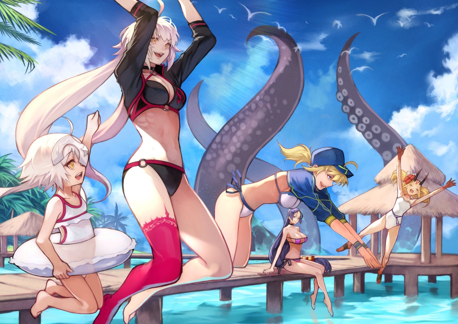 bikini cleavage fate/grand_order heroine_xx horns ibaraki_douji_(fate/grand_order) jeanne_d'arc jeanne_d'arc_(alter)_(fate) jeanne_d'arc_alter_santa_lily minamoto_no_raikou_(fate/grand_order) pointy_ears swimsuits tentacles thighhighs yoshio_(55level)