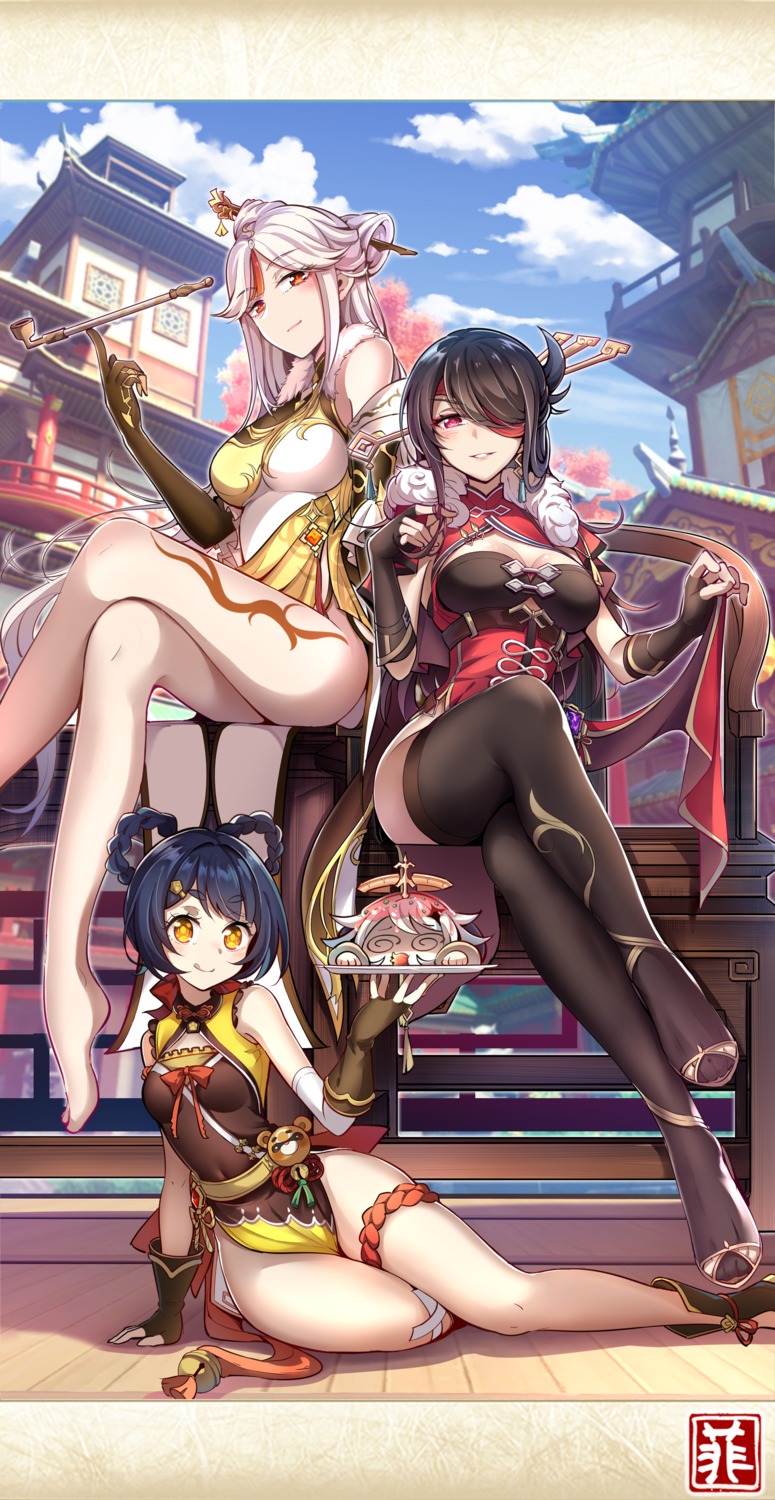 bandaid beidou chinadress cleavage eyepatch fei_luo_mao garter genshin_impact ningguang paimon skirt_lift thighhighs xiangling