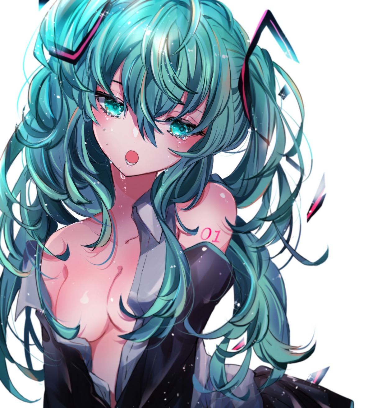 beni_ttt hatsune_miku no_bra open_shirt tattoo vocaloid