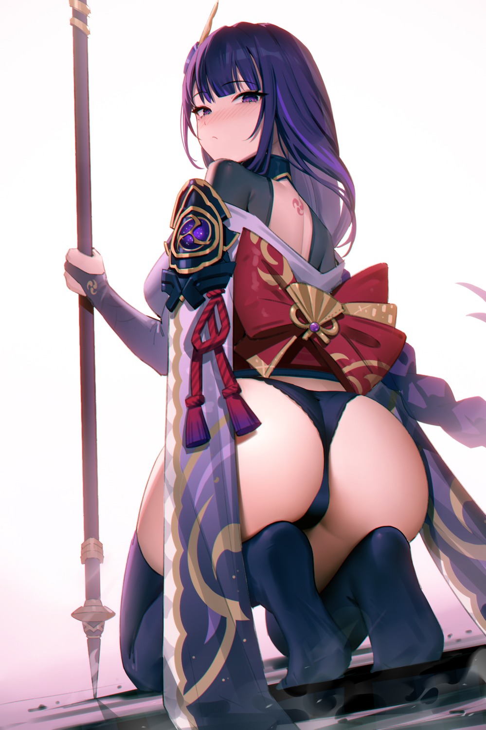 95--- armor ass feet genshin_impact japanese_clothes no_bra pantsu raiden_shogun tattoo thighhighs thong weapon