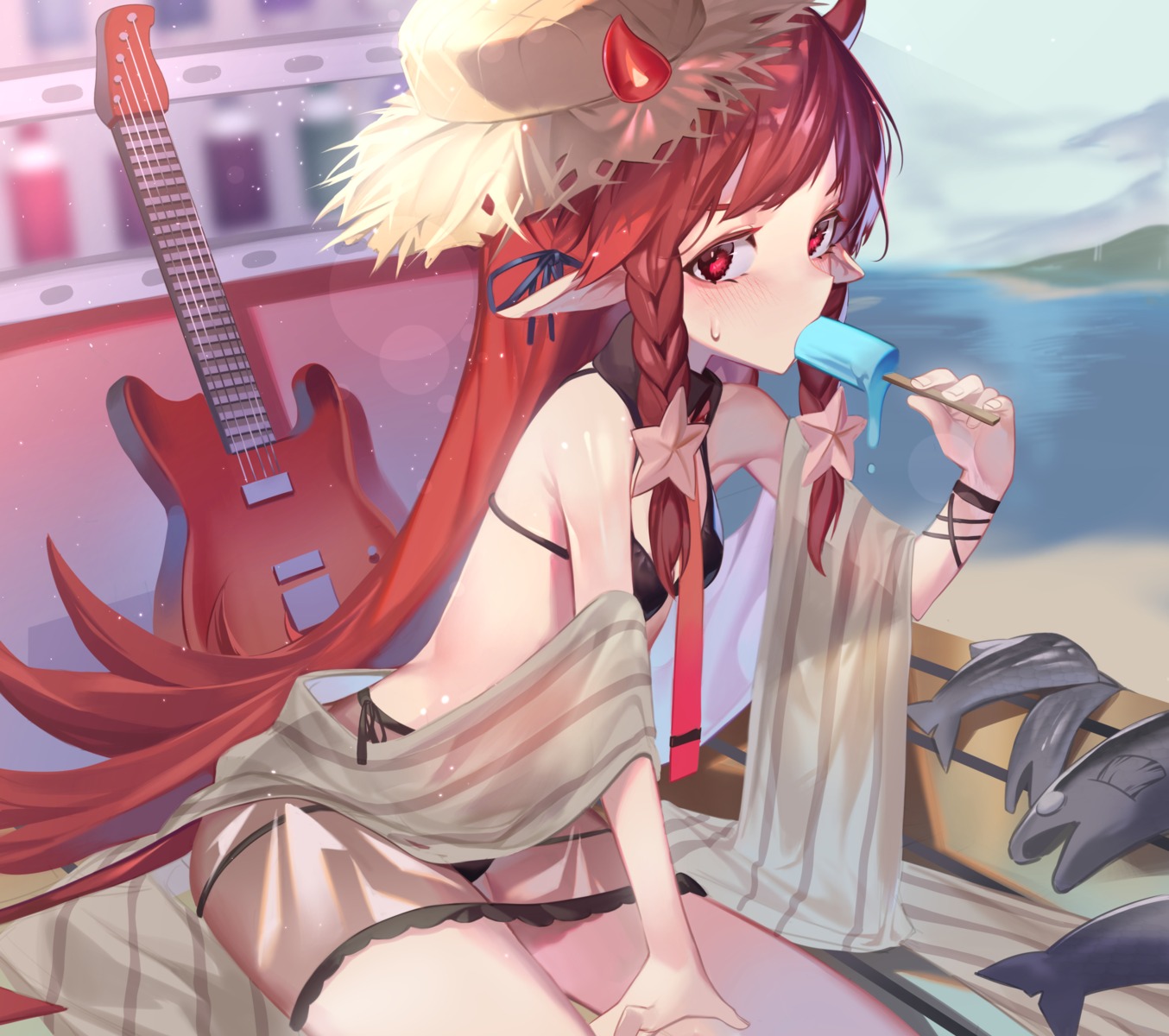 arknights bikini guitar horns pointy_ears sb_lama see_through swimsuits vigna_(arknights)