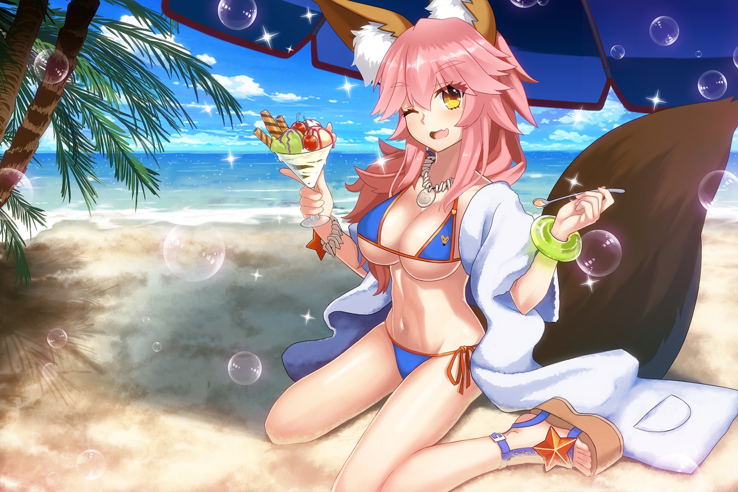 animal_ears bikini fate/grand_order kitsune swimsuits tail tamamo_no_mae towel uiu