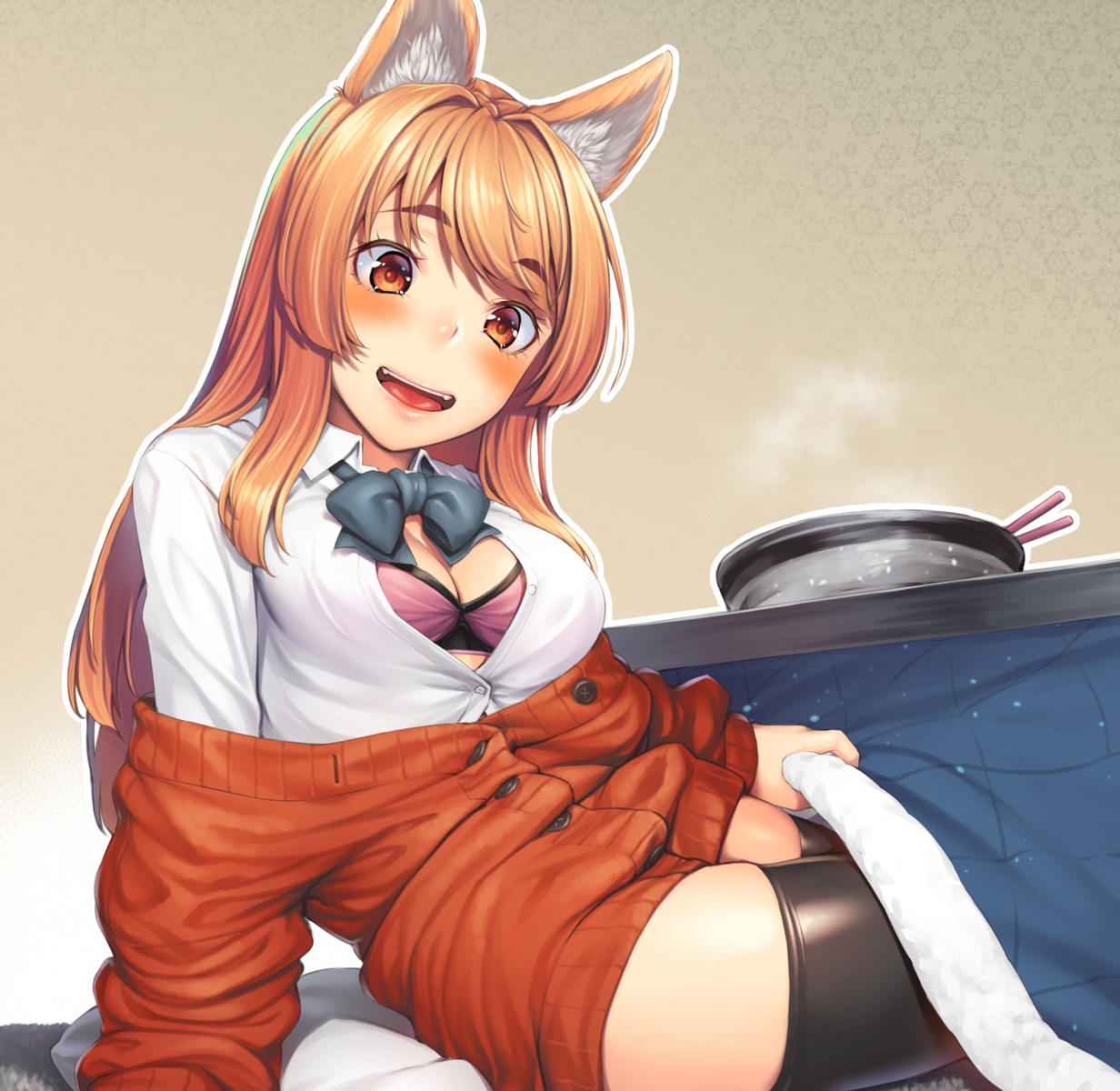 animal_ears bra cleavage kasei open_shirt sweater thighhighs