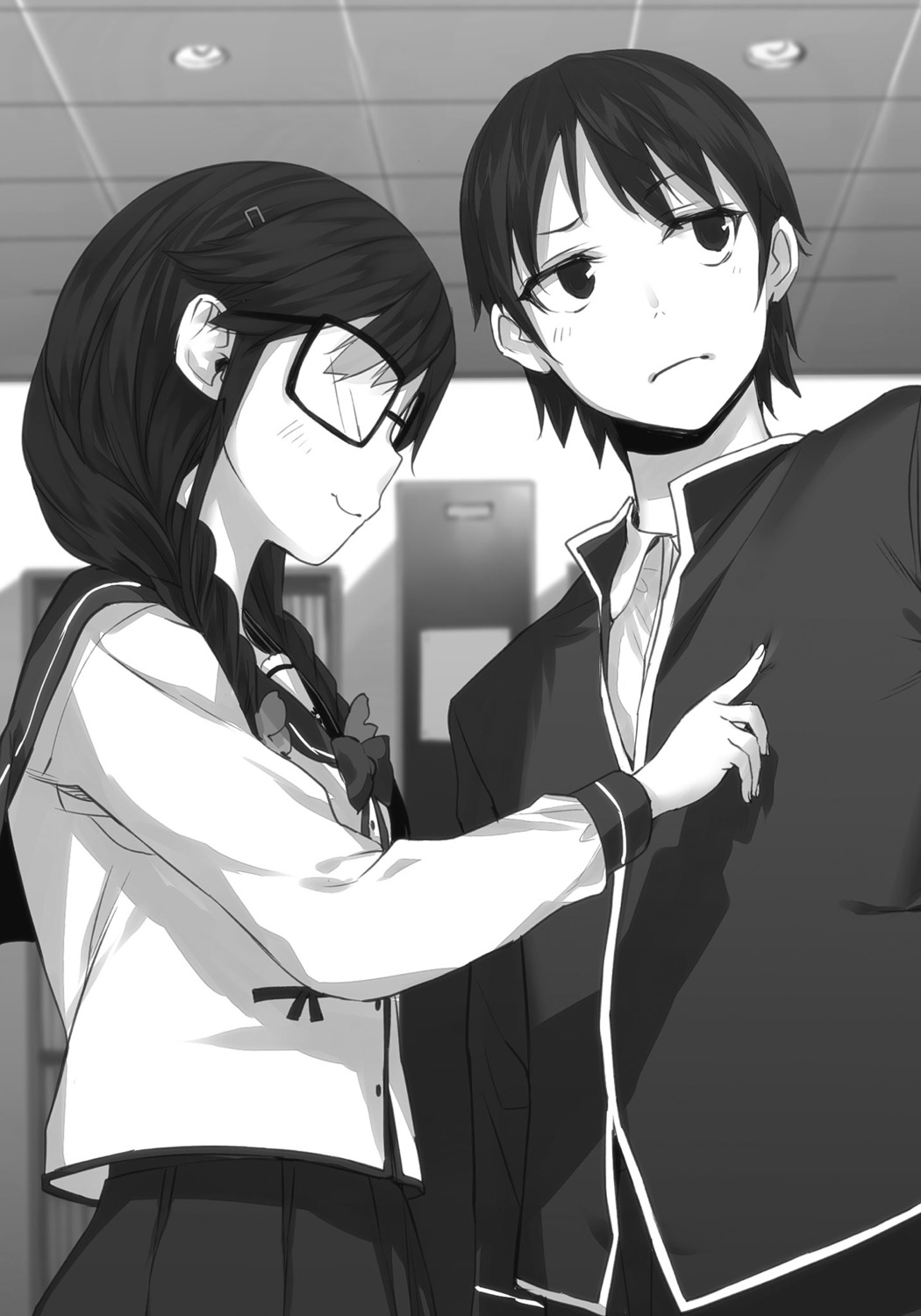 buriki kisaragi_amatsuyu megane monochrome ore_wo_suki_nano_wa_omae_dake_ka_yo sanshokuin_sumireko seifuku