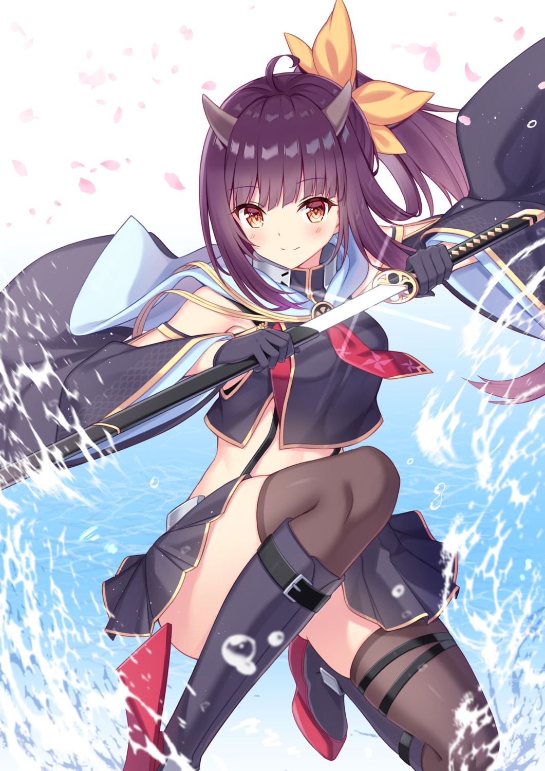 azur_lane garter horns isuzu_(azur_lane) skirt_lift sword takeg05 thighhighs wet