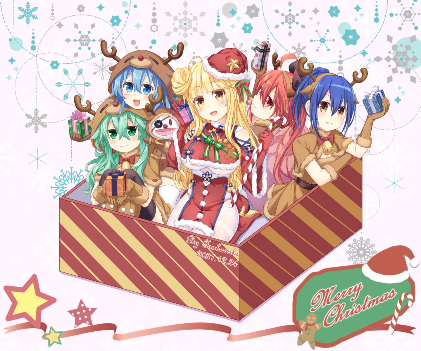 animal_ears christmas date_a_live heels himekawa_yoshino horns hoshimiya_mukuro itsuka_kotori kyouno_natsumi pantsu pantyhose skirt_lift takamiya_mana thighhighs tsubasaki