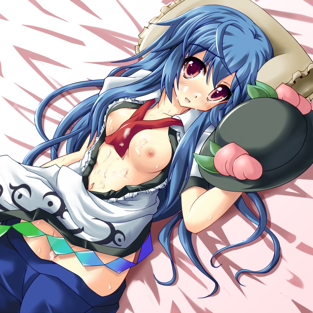 breasts cum hiiragi_tomoka hinanawi_tenshi nipples no_bra nopan open_shirt touhou